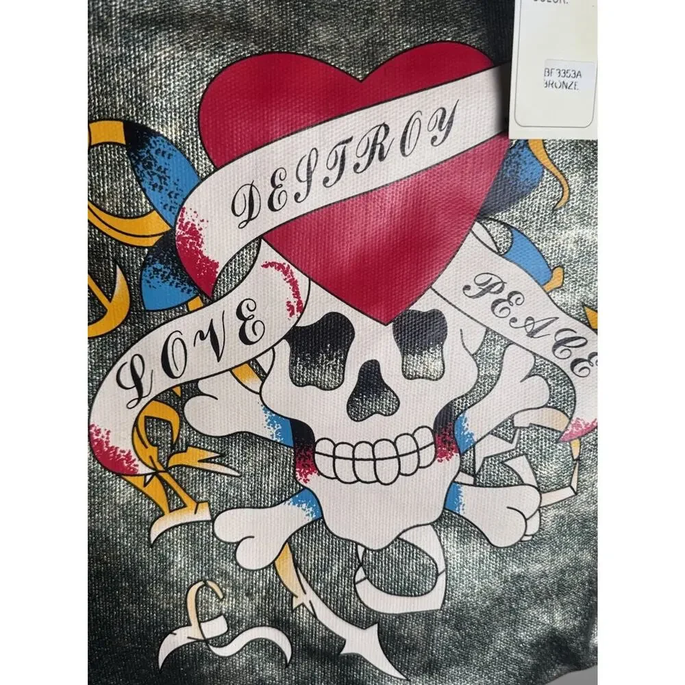 NWT Punk Rock Y2K Skull Crossbones Tattoo Tote Hobo Bag Goth Emo- Bold